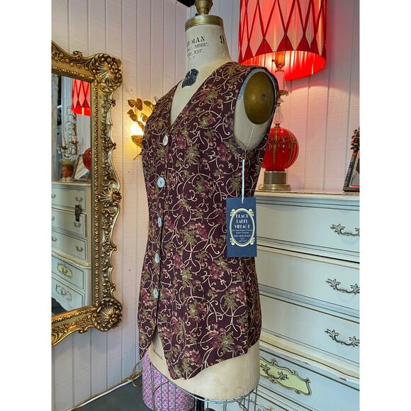 vintage 1990s burgundy vest floral scrolls s/m 90s fashion sleeveless tunic y2k - Picture 4 of 7
